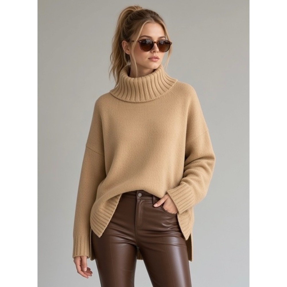 Khaki Oversized Turtleneck Ribbed Knit Sweater Size Large Tan Slouchy